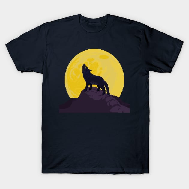 Pixel Art Wolf and the  Moon T-Shirt by PixelCarvel